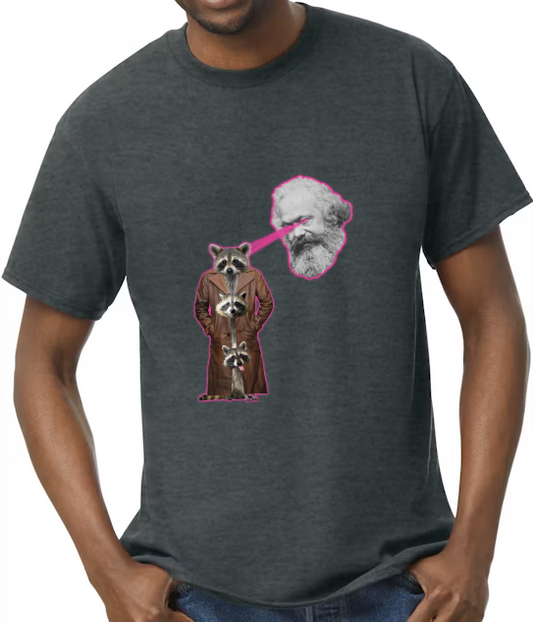 "Karl Marx Mind Controlling Three Racoons in a Trench Coat" T-Shirt
